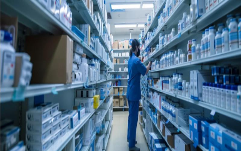 Nurse in scrubs reviewing products for supply chain intelligence